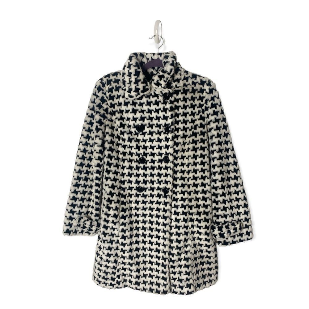 Pelle Studio Faux Fur Houndstooth Peacoat Black White Double Breasted Coat Size